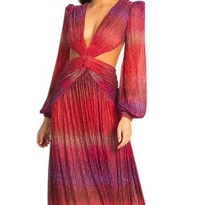 Women's Long Sleeve Beach Dress Lurex Cutout Twist-Front Maxi V-Neck Print Dress